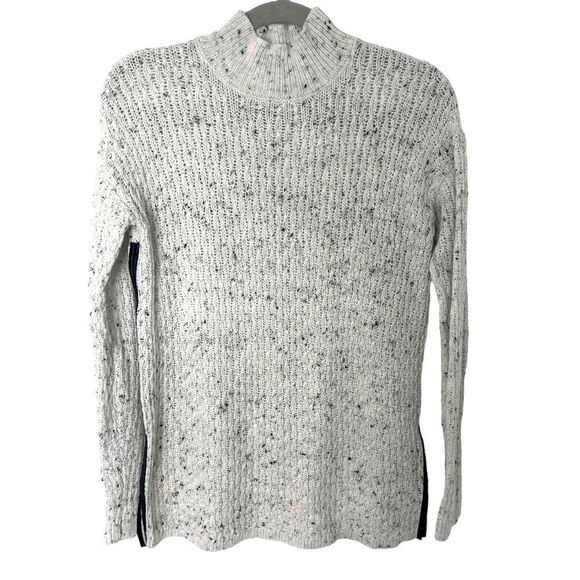 Bar III Women's Faux Leather Trim Mock Neck Long Sleeve Sweater Washed White - Picture 1 of 8